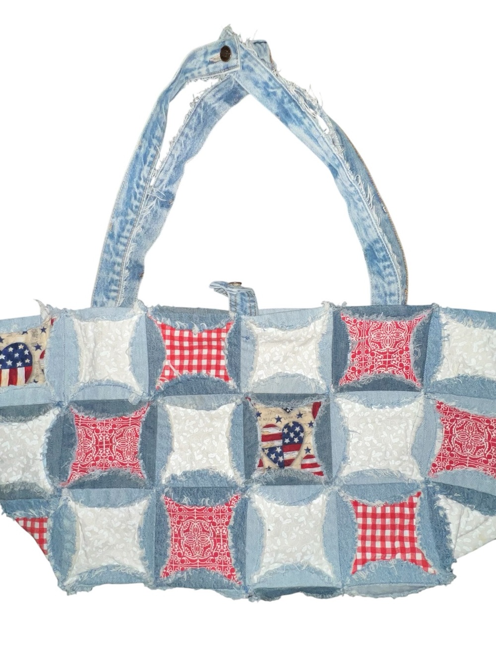 Denim Patchwork Tote Bag with Red, White & Blue Accents